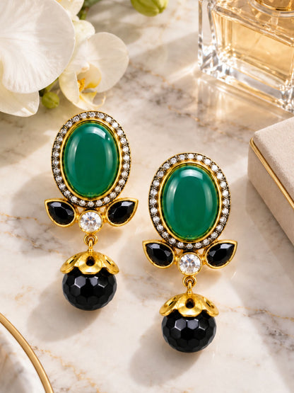 Green Stone Diamond Drop Earrings with Black Beads