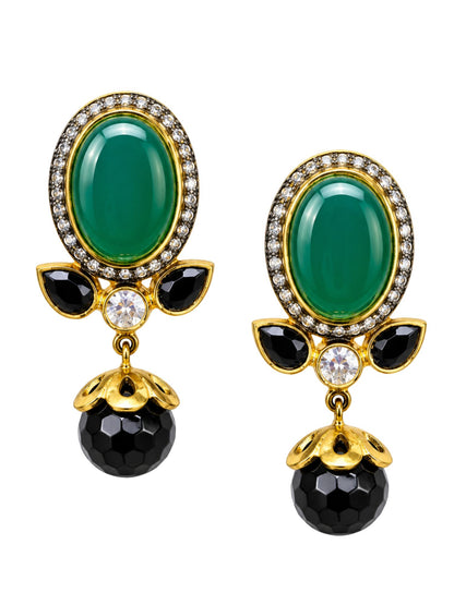 Green Stone Diamond Drop Earrings with Black Beads
