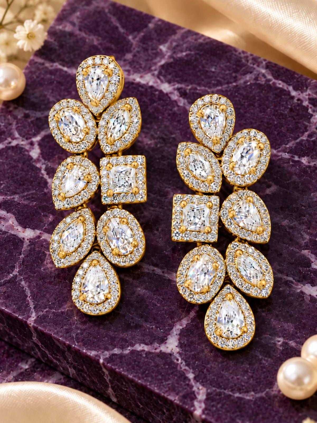 Gold Tone Diamond Look Multi Stone Drop Earrings