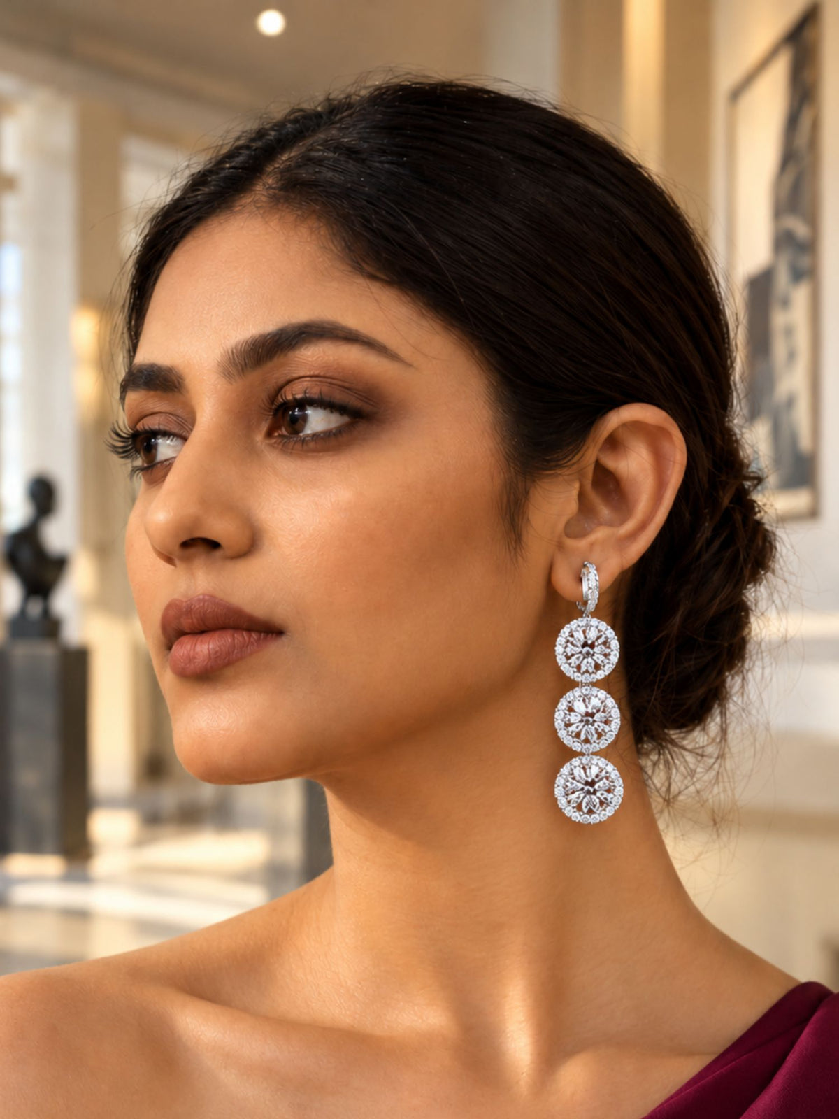 Silver Toned Triple Round Halo Stone Drop Earrings