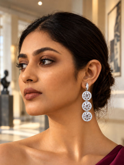 Silver Toned Triple Round Halo Stone Drop Earrings