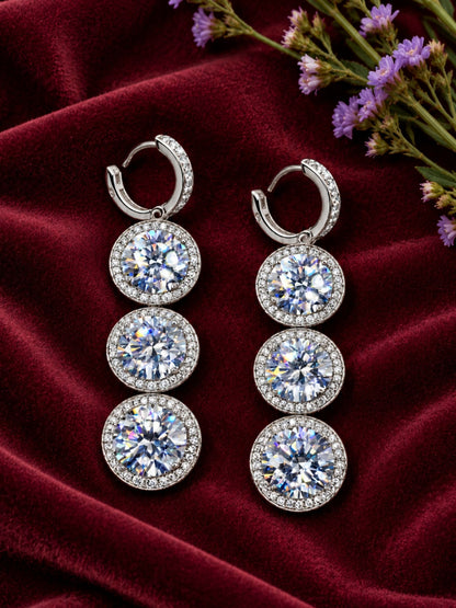 Silver Toned Triple Round Halo Stone Drop Earrings