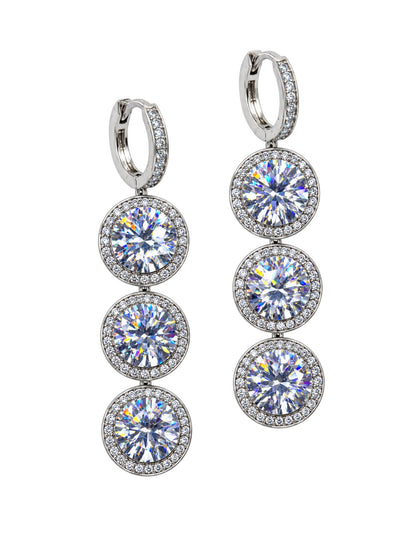 Silver Toned Triple Round Halo Stone Drop Earrings