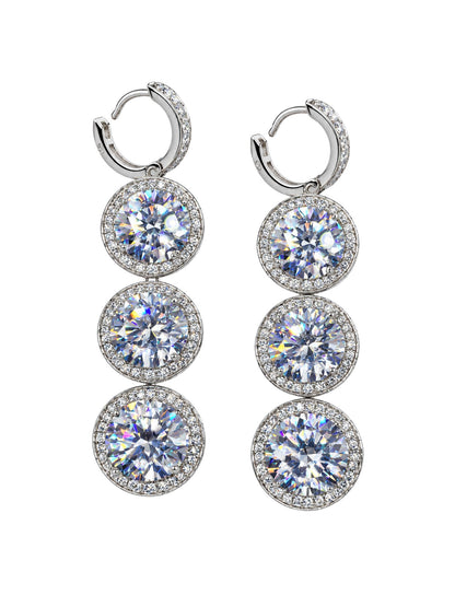 Silver Toned Triple Round Halo Stone Drop Earrings
