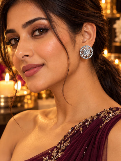 Silver Tone Round Stud Earrings with Bright Stones