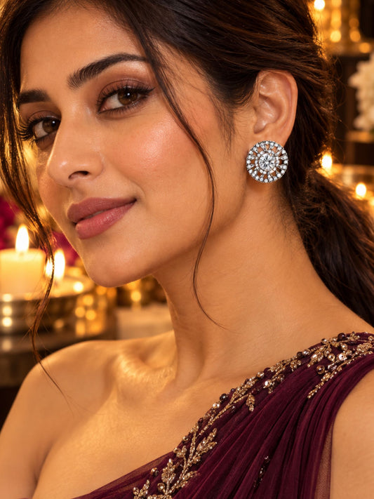 Silver Tone Round Stud Earrings with Bright Stones