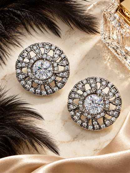 Silver Tone Round Stud Earrings with Bright Stones