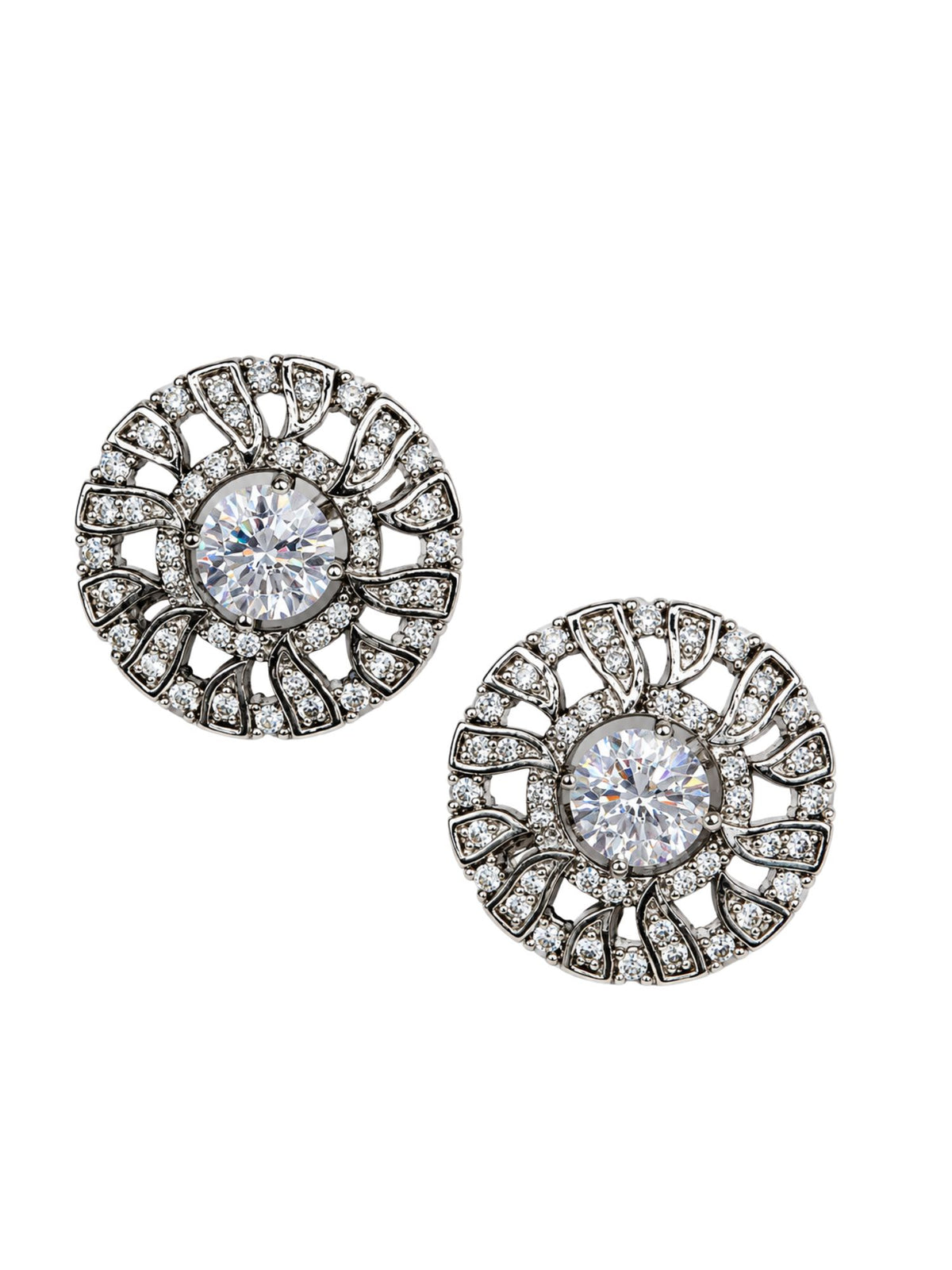Silver Tone Round Stud Earrings with Bright Stones
