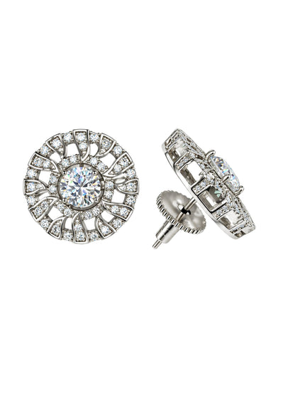 Silver Tone Round Stud Earrings with Bright Stones