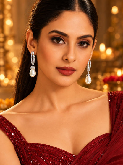 Silver Tone Diamond Look Pearl Drop Hoop Earrings