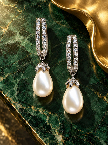 Silver Tone Diamond Look Pearl Drop Hoop Earrings