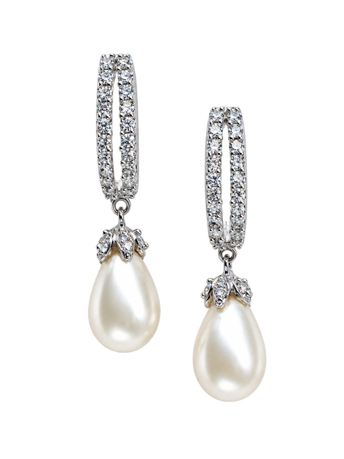 Silver Tone Diamond Look Pearl Drop Hoop Earrings