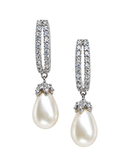 Silver Tone Diamond Look Pearl Drop Hoop Earrings