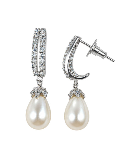 Silver Tone Diamond Look Pearl Drop Hoop Earrings