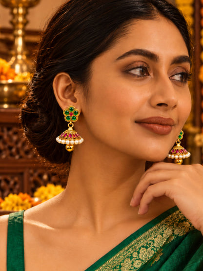 Gold Tone Green Maroon Jhumka Earrings with Pearls