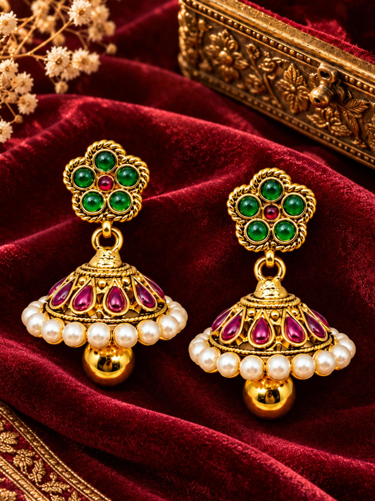 Gold Tone Green Maroon Jhumka Earrings with Pearls