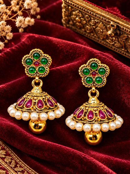 Gold Tone Green Maroon Jhumka Earrings with Pearls