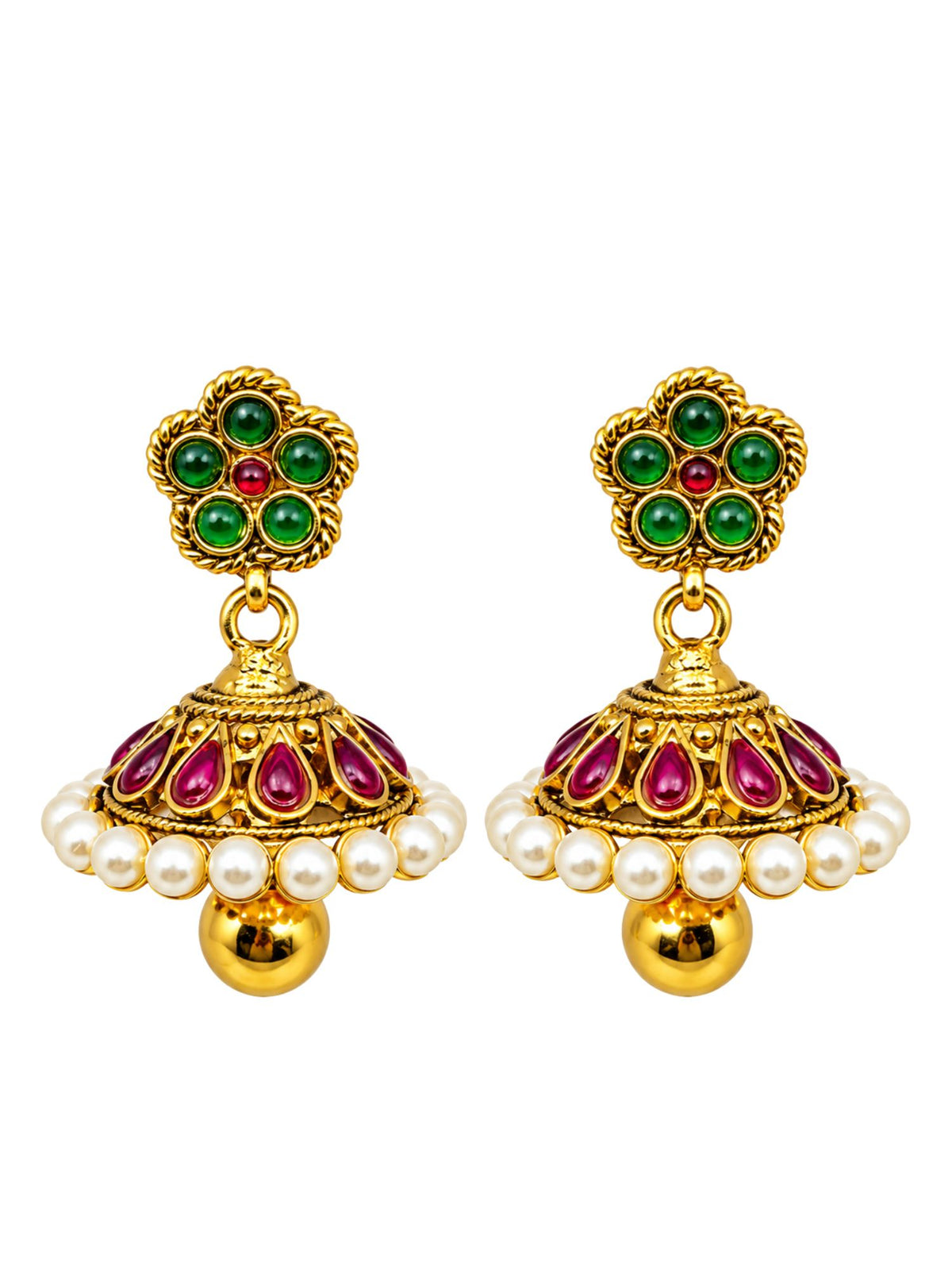 Gold Tone Green Maroon Jhumka Earrings with Pearls