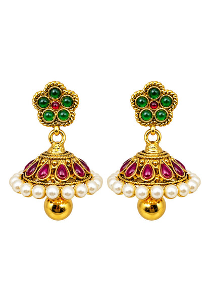Gold Tone Green Maroon Jhumka Earrings with Pearls