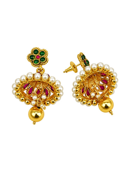 Gold Tone Green Maroon Jhumka Earrings with Pearls
