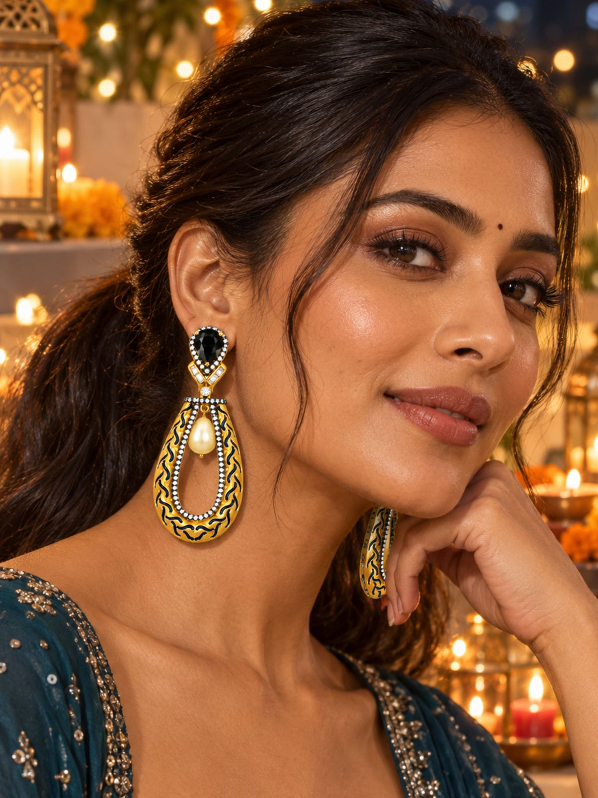 Gold Tone Black Stones and Pearl Teardrop Earrings