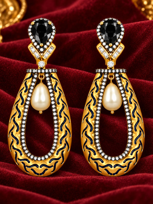 Gold Tone Black Stones and Pearl Teardrop Earrings