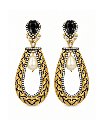 Gold Tone Black Stones and Pearl Teardrop Earrings