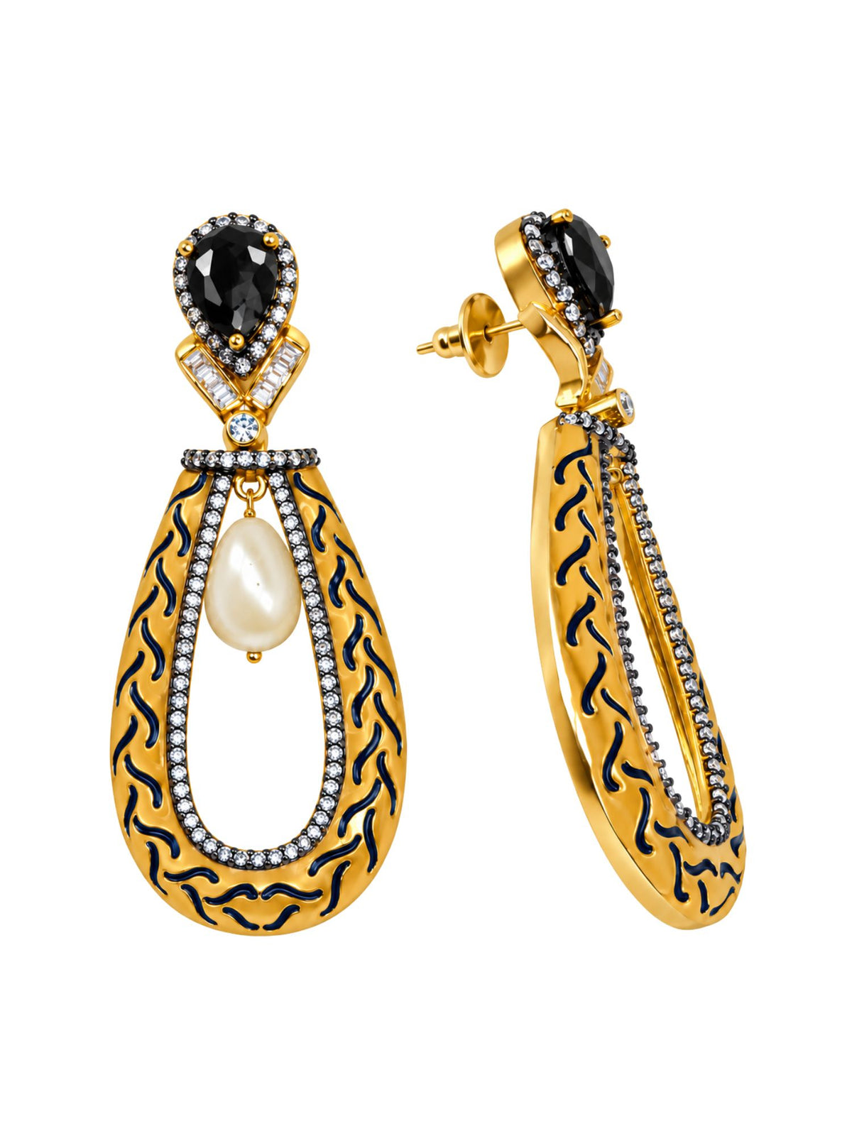 Gold Tone Black Stones and Pearl Teardrop Earrings
