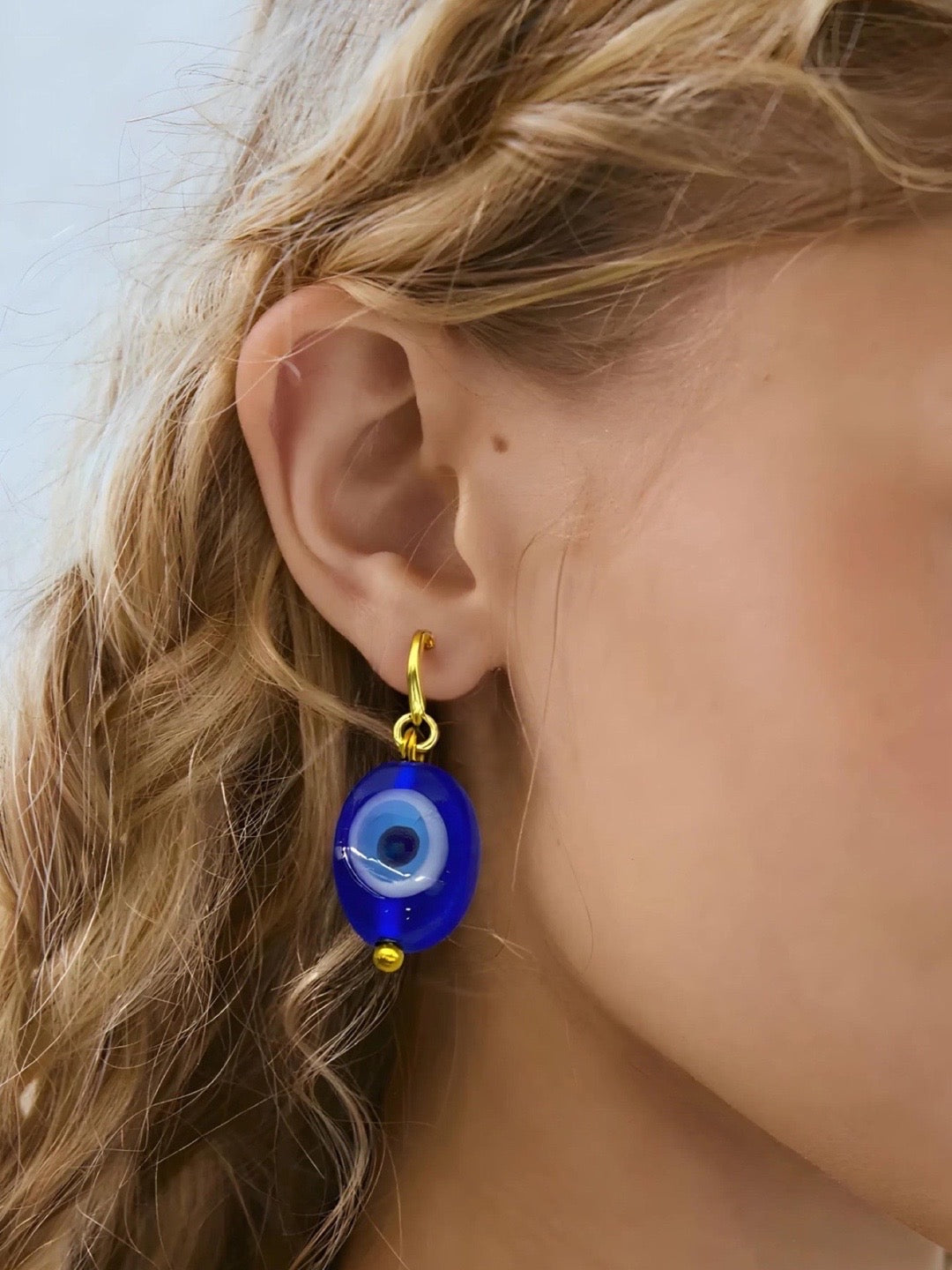 Oval Blue Evil Eye Dangler Earrings