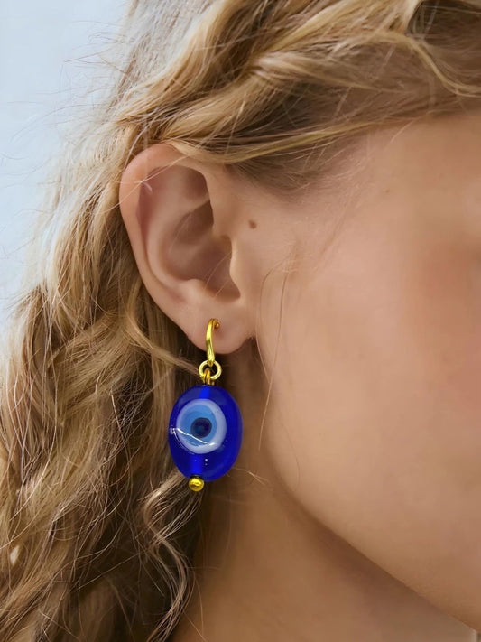 Oval Blue Evil Eye Dangler Earrings
