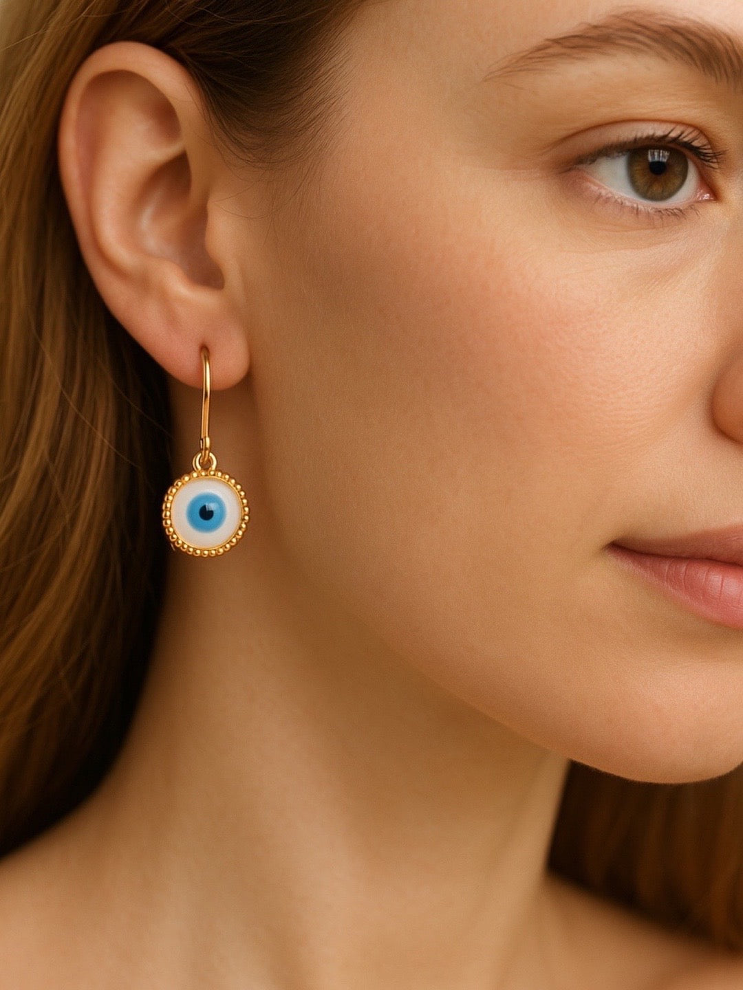Round White Evil Eye Dangler Earrings