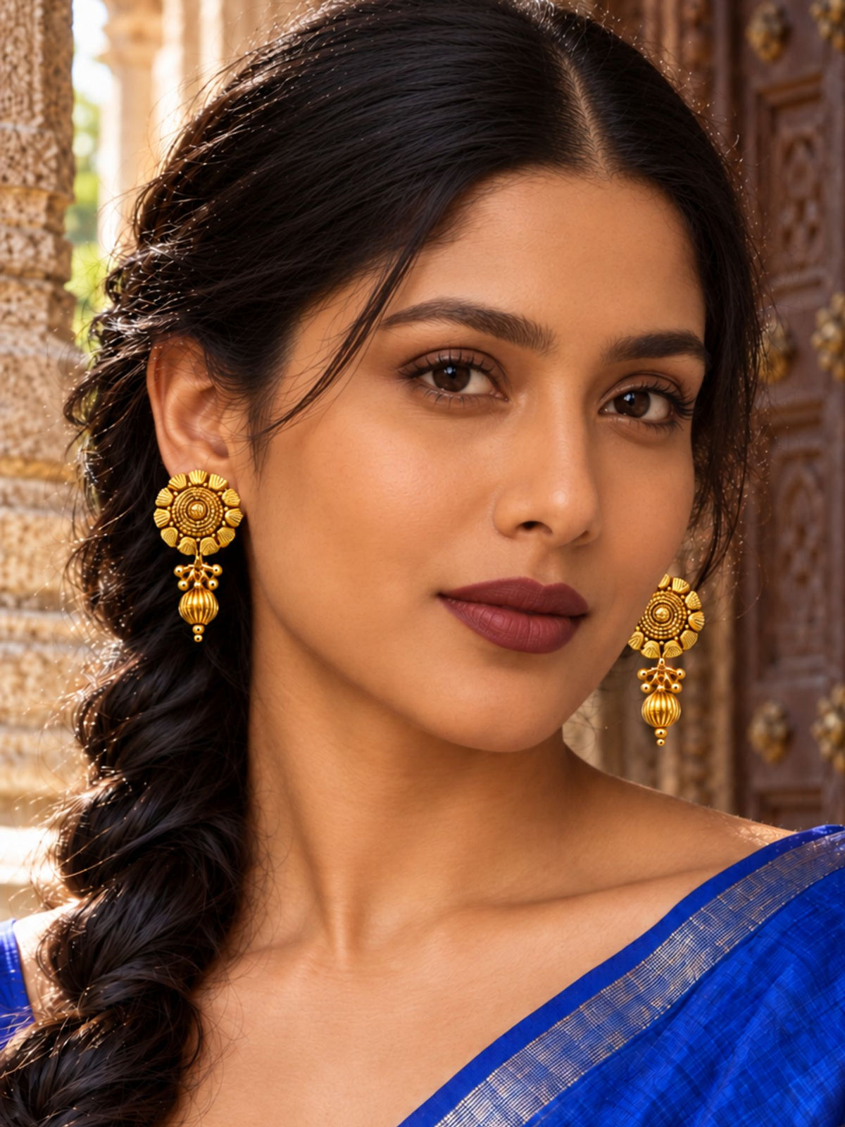 Gold Tone Floral Earrings with Bead Drop for Women