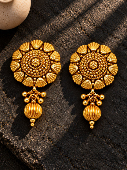 Gold Tone Floral Earrings with Bead Drop for Women