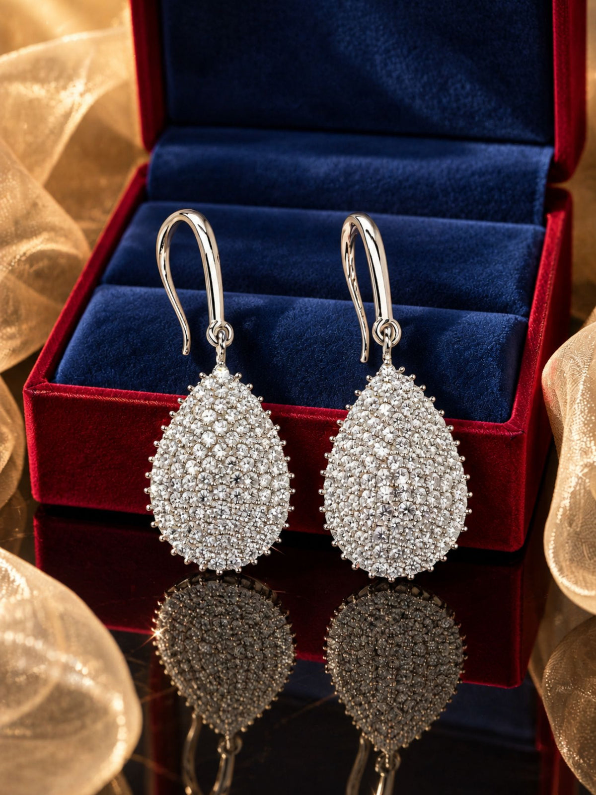 Silver Tone Clear Stone Teardrop Hook Earrings Set