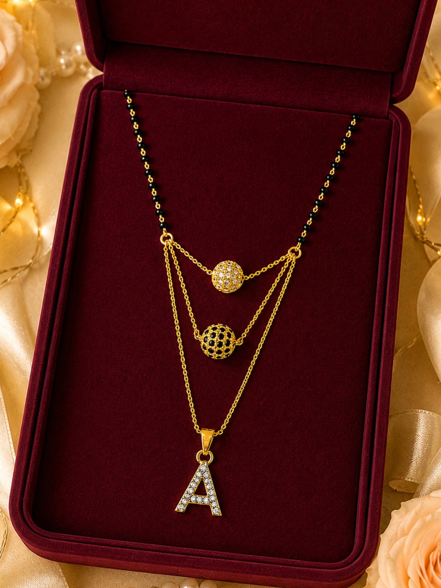 A-Z Letter With Black & White AD Ball Pendant Short Mangalsutra Name Mangalsutra