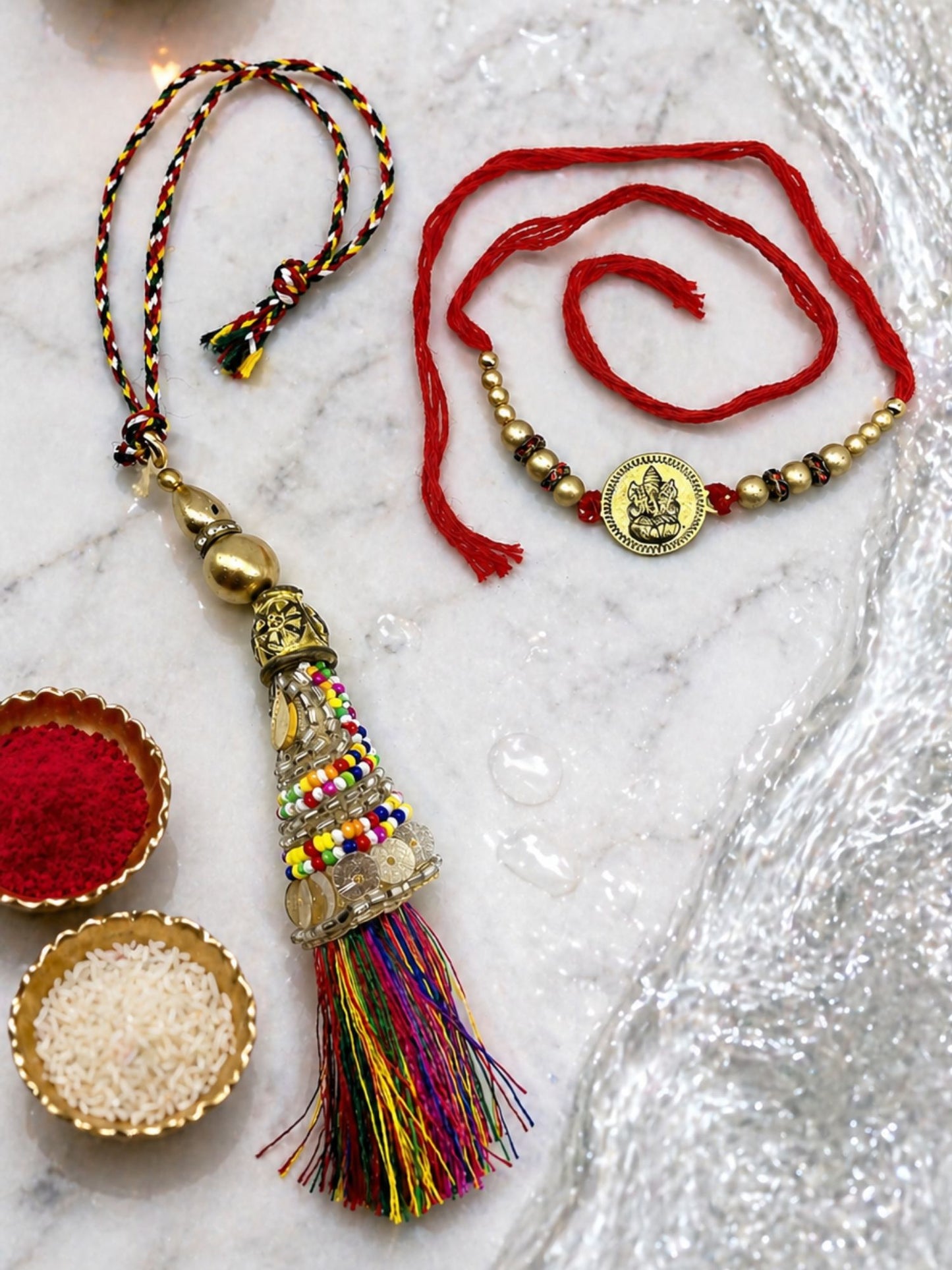 (Set of 2) Ganesha Bead Tassel Latkan Lumba Rakhi Bhaiya Bhabhi