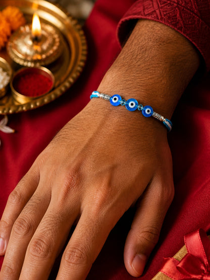 Silver-Plated Light Blue Evil Eye Bracelet Rakhi For Bro Bhai