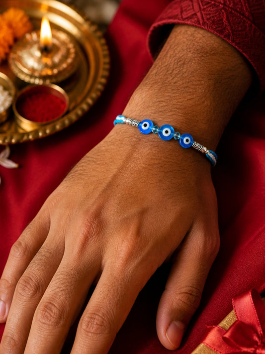 Silver-Plated Light Blue Evil Eye Bracelet Rakhi For Bro Bhai