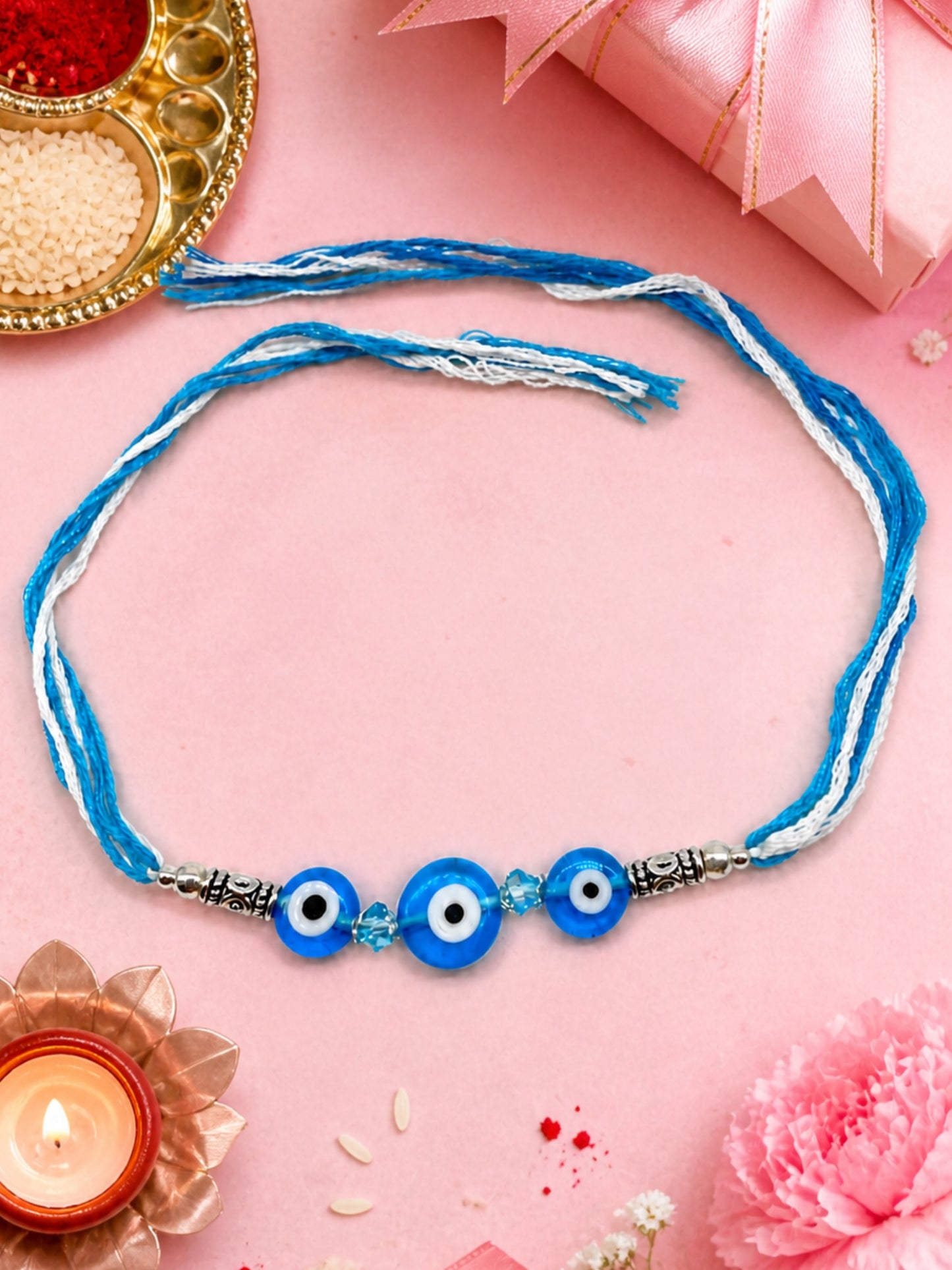 Silver-Plated Light Blue Evil Eye Bracelet Rakhi For Bro Bhai