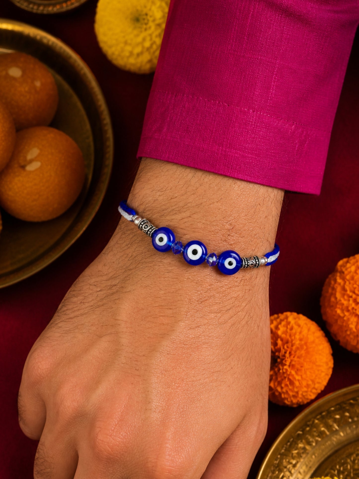 Silver-Plated Blue Evil Eye Bracelet Rakhi For Bro Bhai