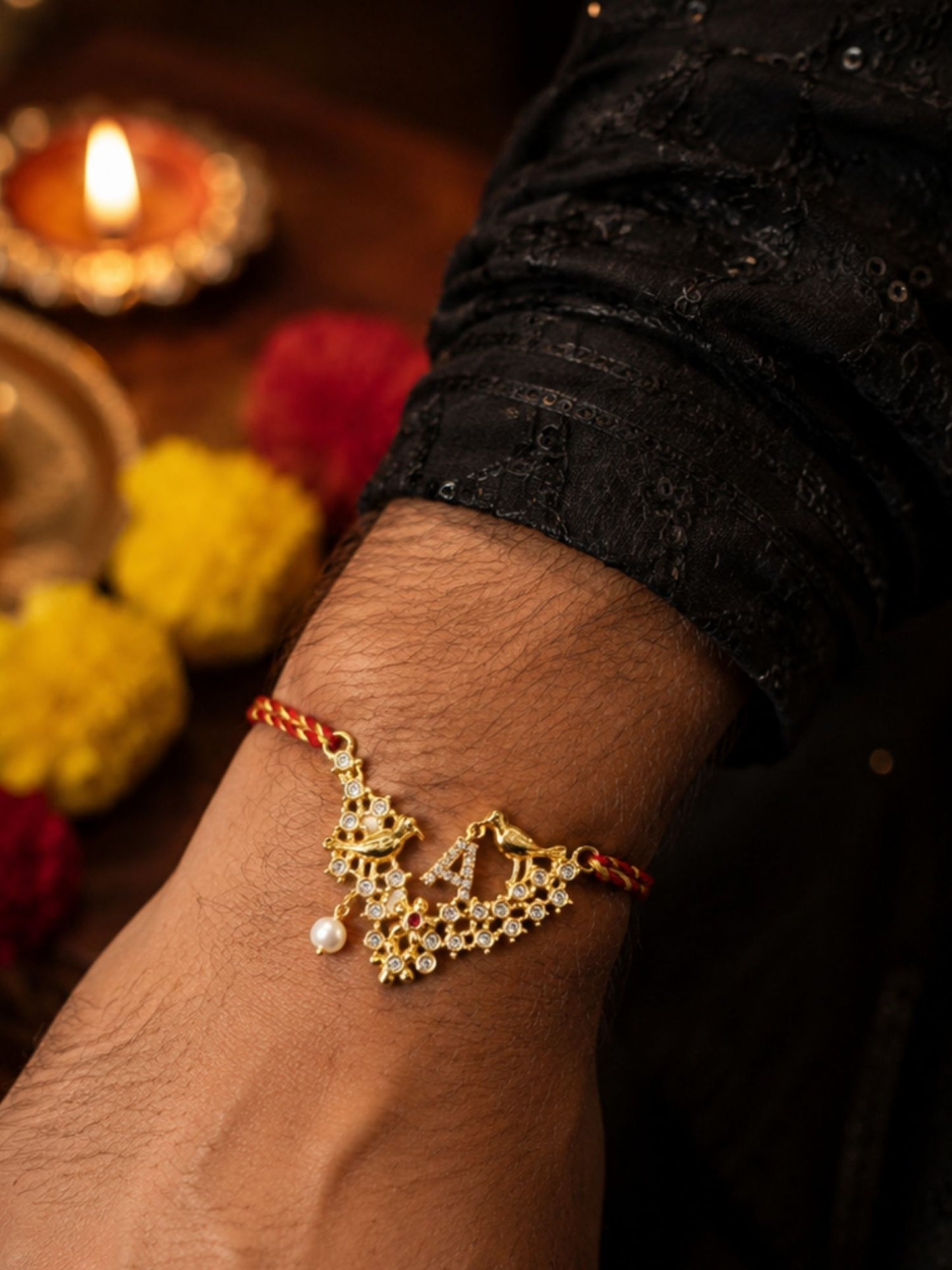 Letter Name Rakhi Designs Alphabet AD Gold Plated with Pearl Customized Pendant Raksha Bandhan