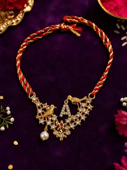 Letter Name Rakhi Designs Alphabet AD Gold Plated with Pearl Customized Pendant Raksha Bandhan