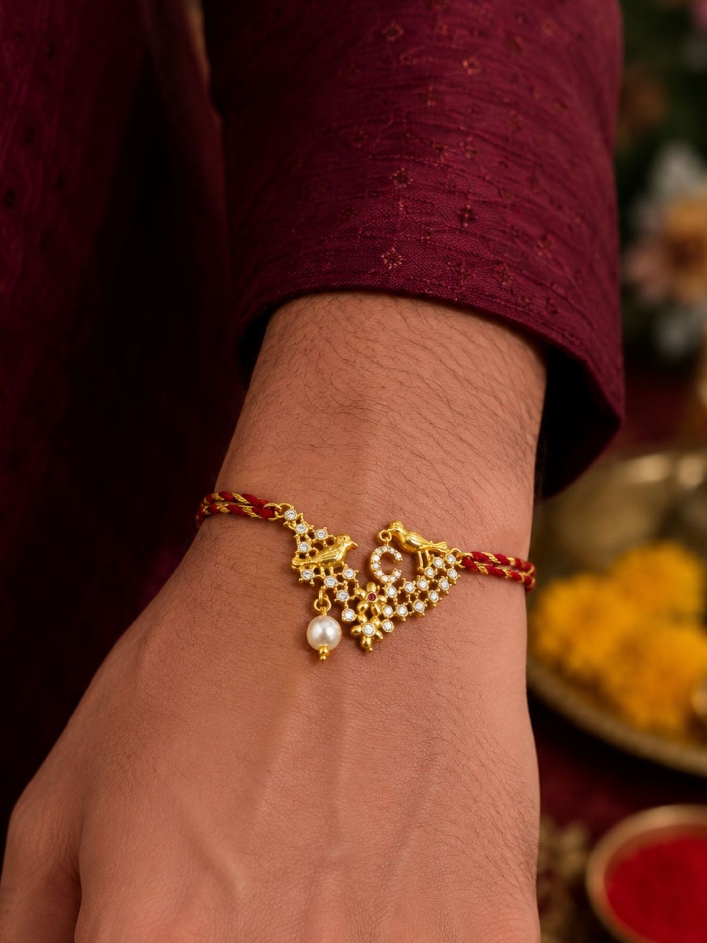 Letter Name Rakhi Designs Alphabet AD Gold Plated with Pearl Customized Pendant Raksha Bandhan