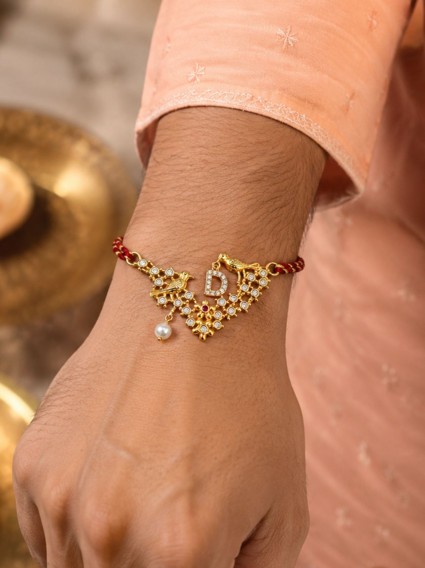 Letter Name Rakhi Designs Alphabet AD Gold Plated with Pearl Customized Pendant Raksha Bandhan