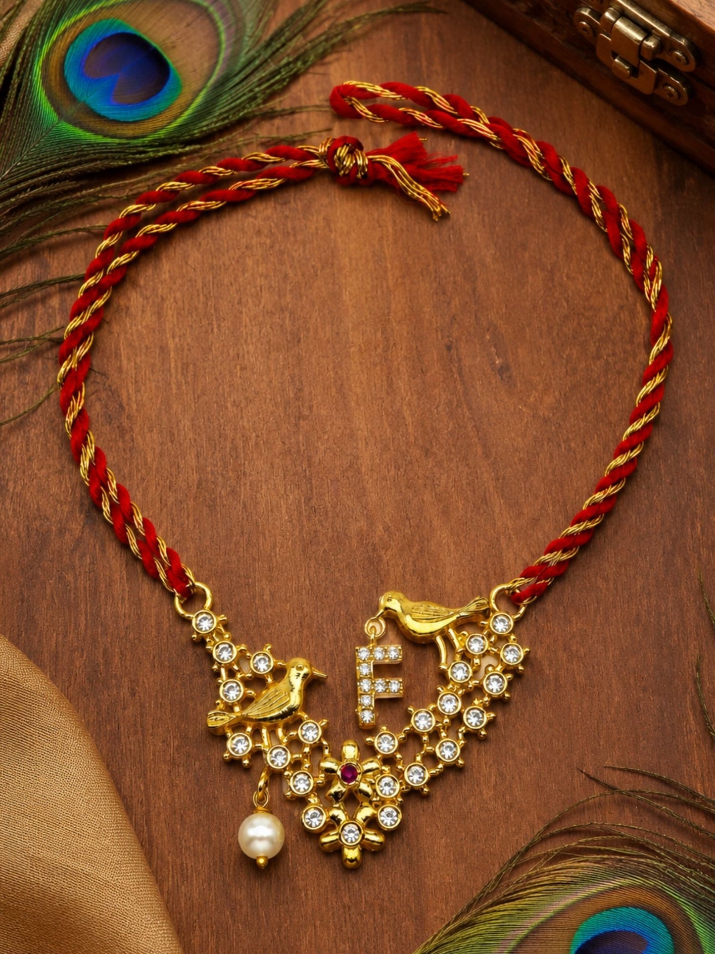 Letter Name Rakhi Designs Alphabet AD Gold Plated with Pearl Customized Pendant Raksha Bandhan