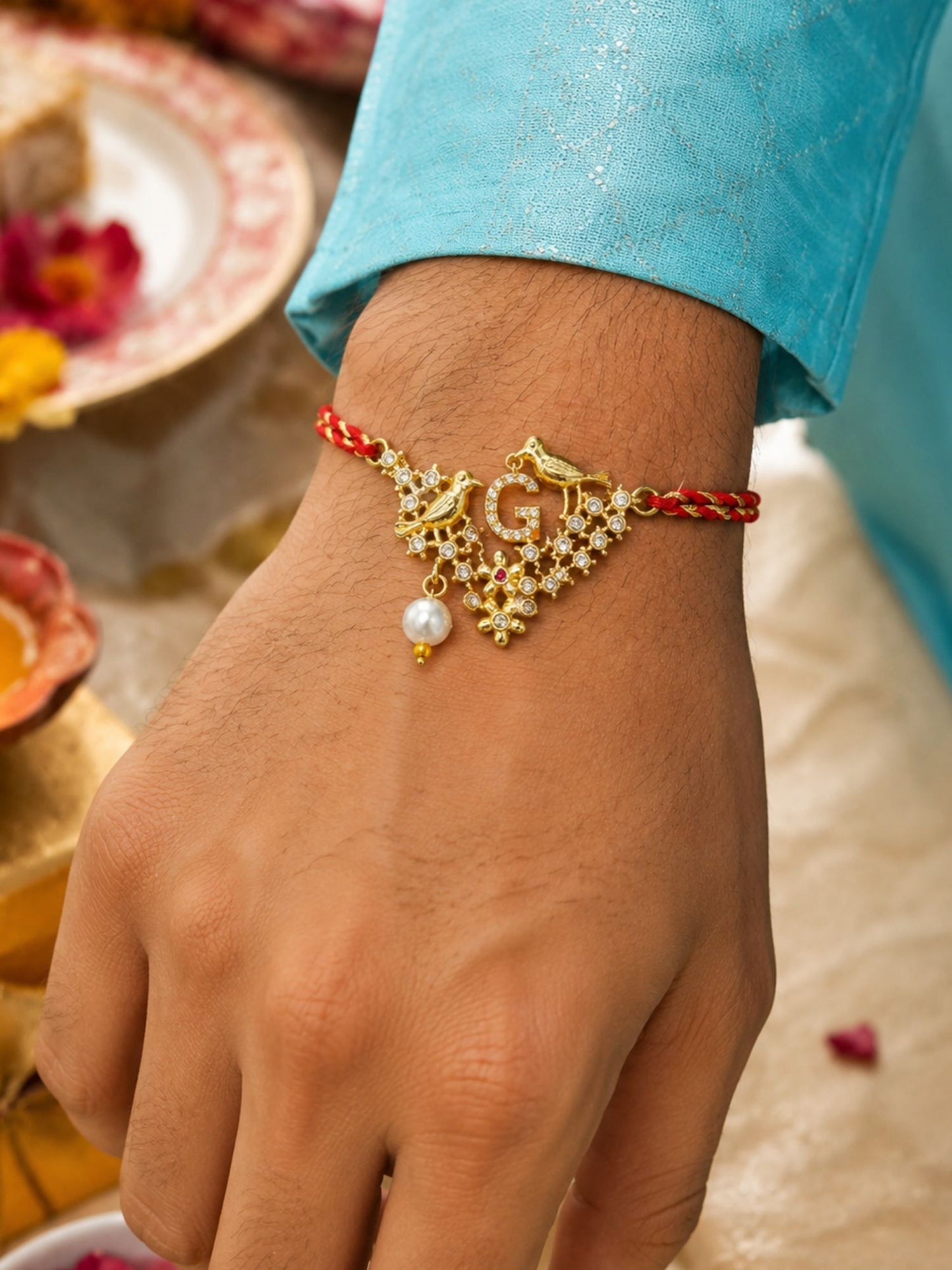 Letter Name Rakhi Designs Alphabet AD Gold Plated with Pearl Customized Pendant Raksha Bandhan