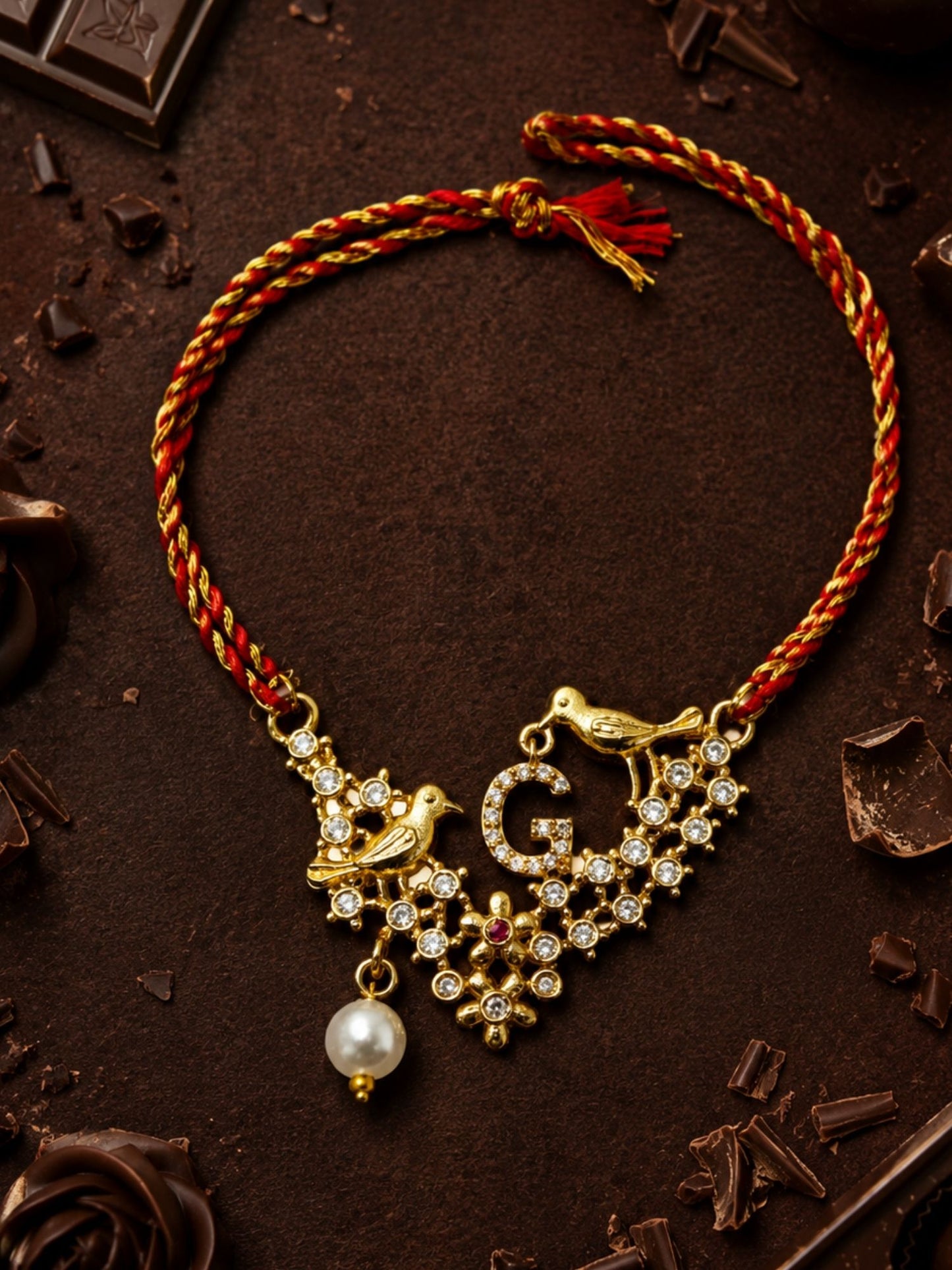 Letter Name Rakhi Designs Alphabet AD Gold Plated with Pearl Customized Pendant Raksha Bandhan