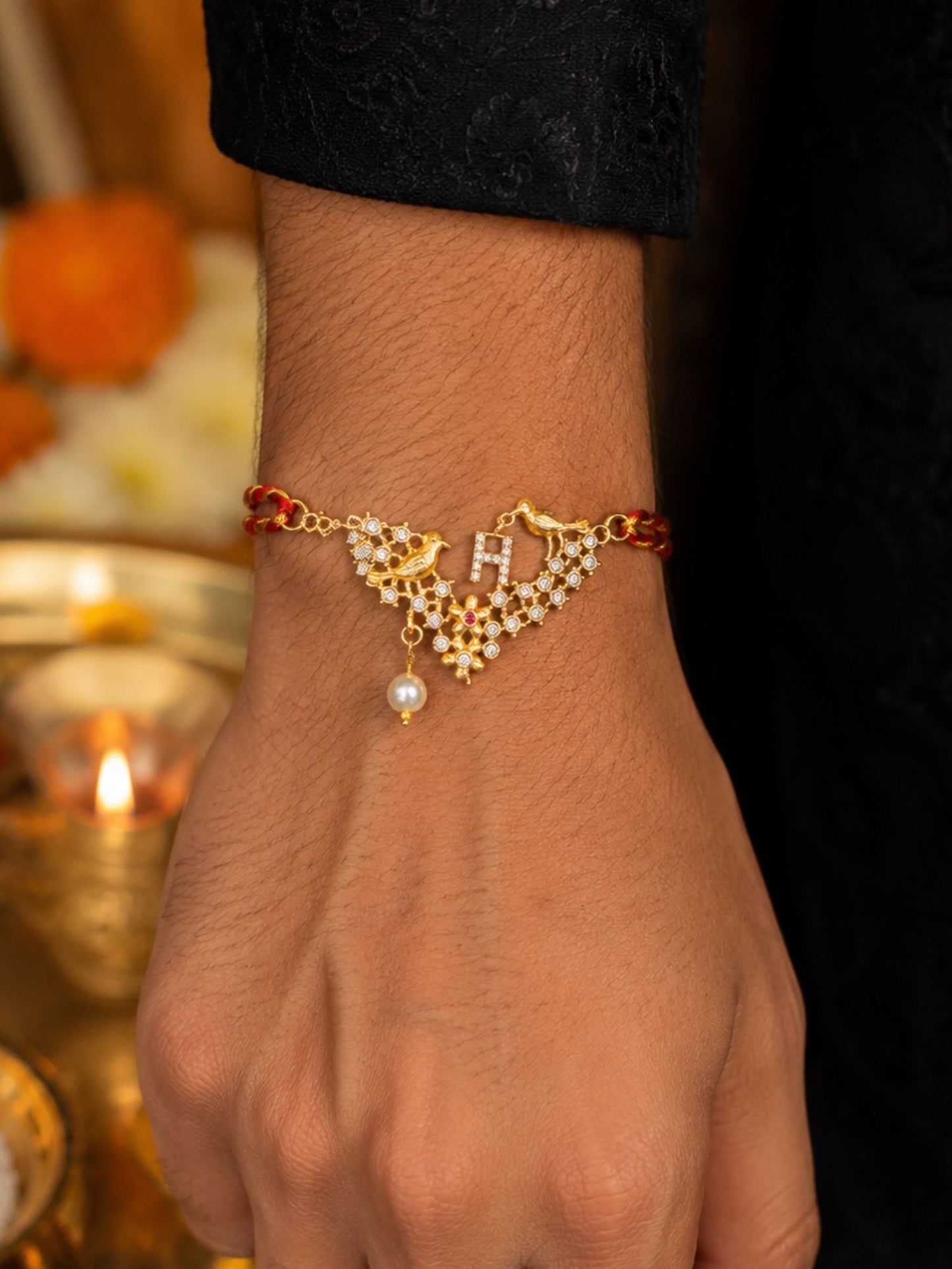 Letter Name Rakhi Designs Alphabet AD Gold Plated with Pearl Customized Pendant Raksha Bandhan