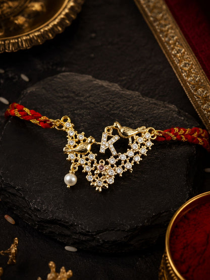 Letter Name Rakhi Designs Alphabet AD Gold Plated with Pearl Customized Pendant Raksha Bandhan