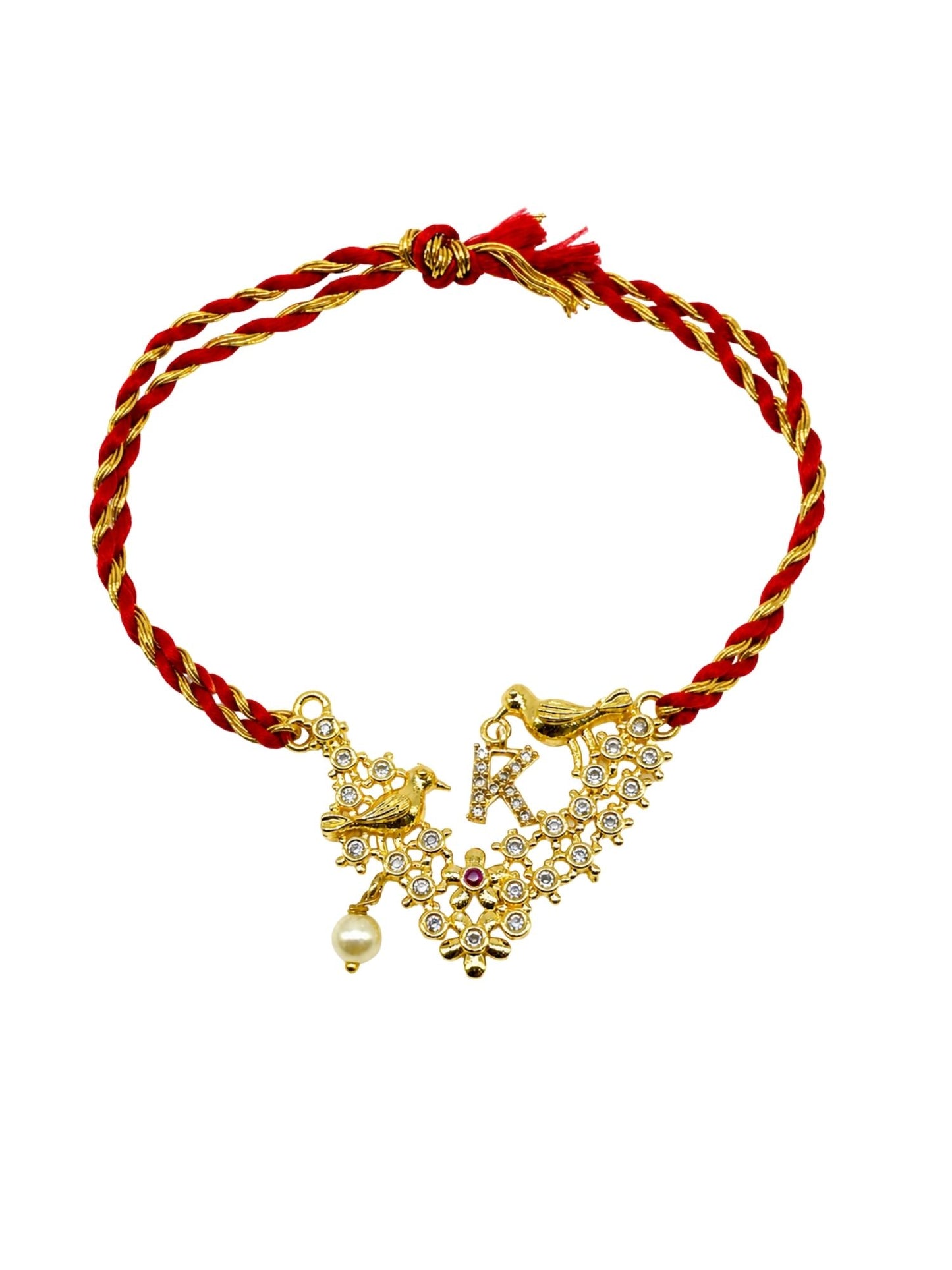 Letter Name Rakhi Designs Alphabet AD Gold Plated with Pearl Customized Pendant Raksha Bandhan